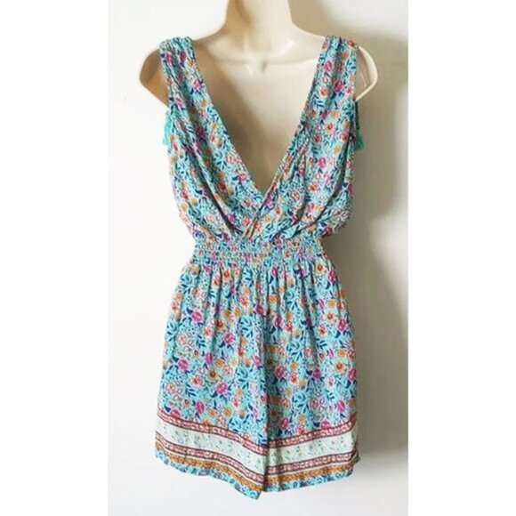 *50off3* Bebop Tassel Tie Smocked-Waist Romper M Aqua Blue Pink Golden Tones - Picture 2 of 9